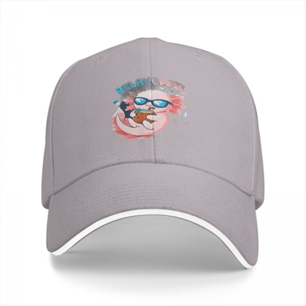Black baseball cap with a relaxed axolotl graphic and 'RELAXOLOTL' text