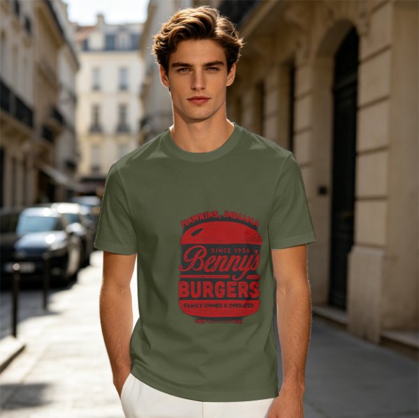 Olive green t-shirt with Benny's Burgers Hawkins Indiana graphic