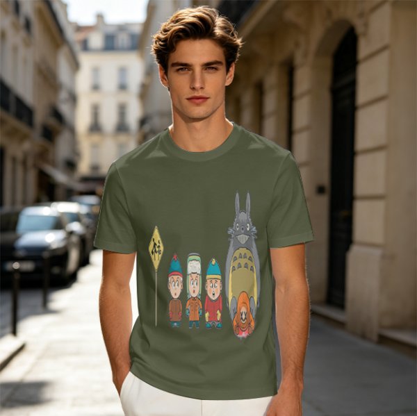 Olive T-shirt with cartoon characters print featuring Totoro and small figures