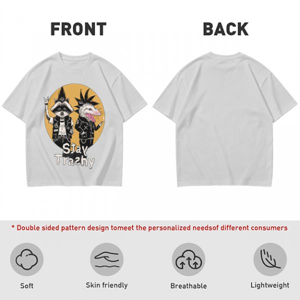 Olive graphic tee with punk raccoon and opossum 'Stay Trashy' print