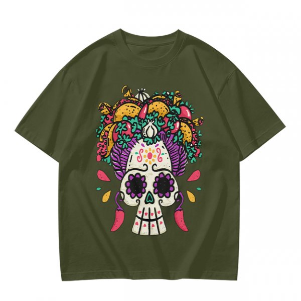 Olive T-Shirt with Day of the Dead Sugar Skull and Taco Food Art