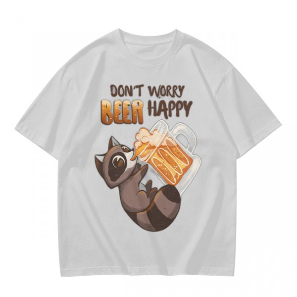 Oversized olive t-shirt with raccoon drinking beer graphic