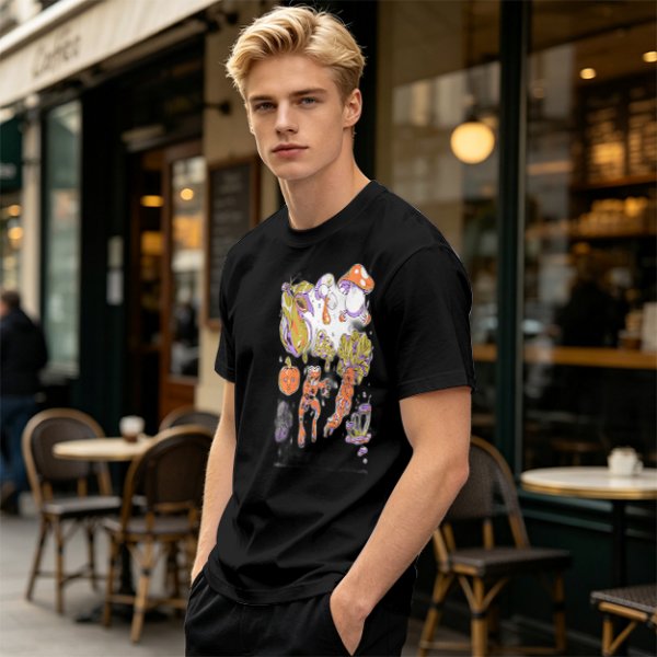 Olive Green T-Shirt With Surreal Mushroom And Vegetable Graphic Print
