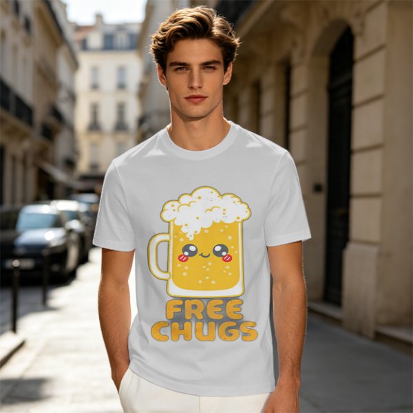 Olive Green T-Shirt With Cute Kawaii Beer Mug Free Chugs Print