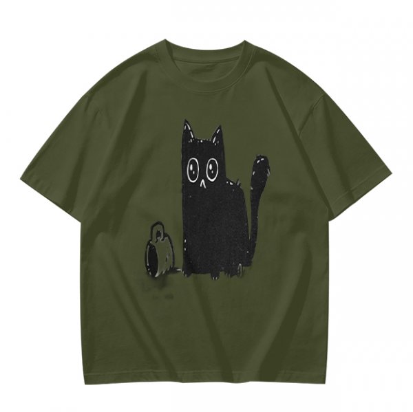 Olive Green T-Shirt With Cute Surprised Black Cat And Bell Print