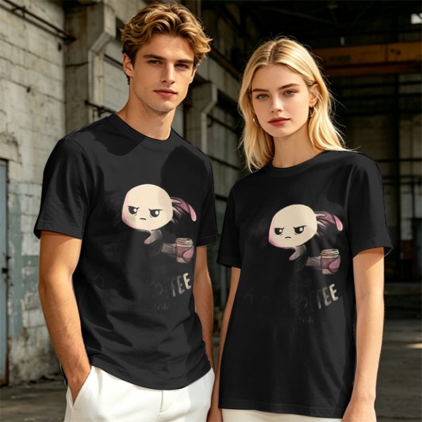 Olive T-shirt with Grumpy Axolotl Holding Coffee Print