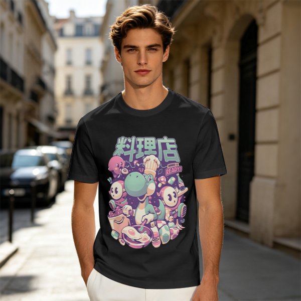 Olive t-shirt with dinosaur chef and cute character cooking graphic
