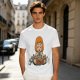 Olive T-shirt with cartoon muscular character meditating surrounded by candles