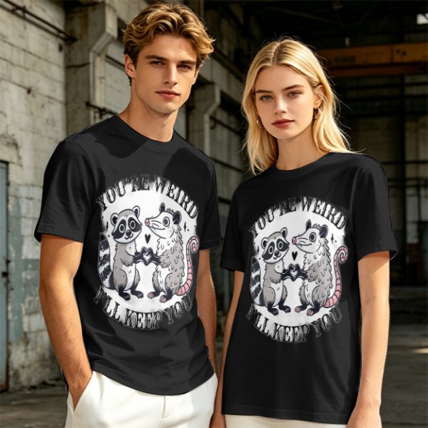 Olive T-Shirt With Raccoon and Opossum Weird Love Graphic