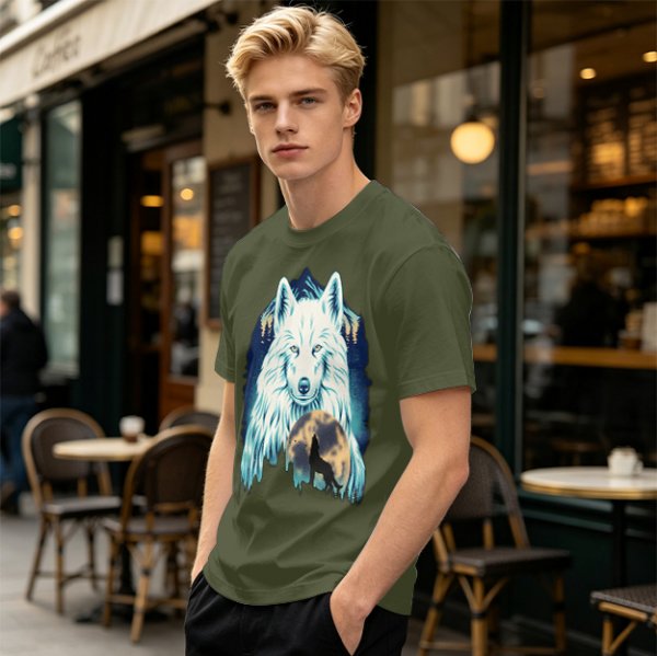 Olive T-Shirt With White Wolf And Howling Wolf Moon Graphic