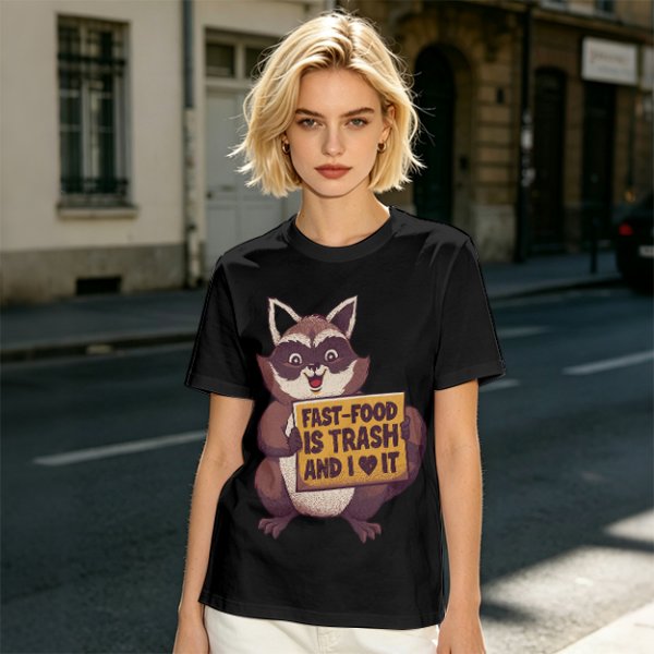 Olive t-shirt with a raccoon holding a fast food trash sign