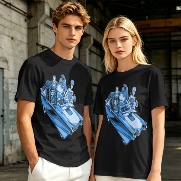 Olive T-shirt with retro blue cartoon car and characters graphic