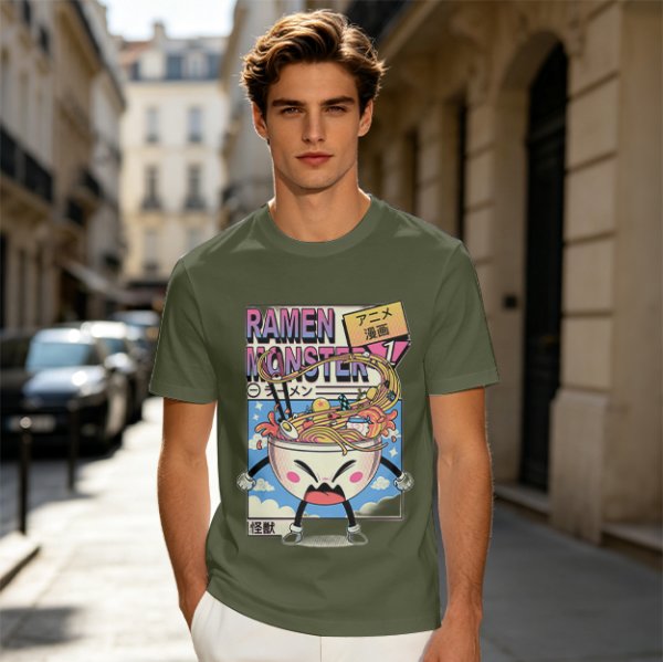Olive green t-shirt with ramen monster anime graphic print