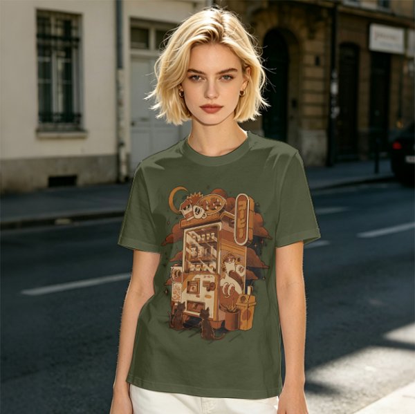 Olive T-Shirt with Coffee Vending Machine and Cats Graphic