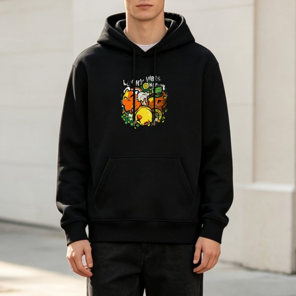 Black hoodie with lucky vibes cat and shamrock graphic