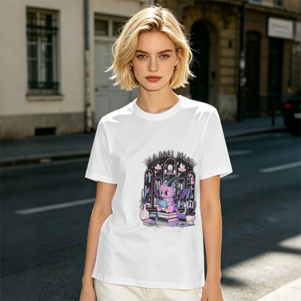 Olive t-shirt with cute book dragon reading design