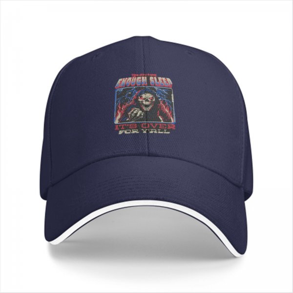 Black baseball cap with grim reaper graphic and enough sleep text