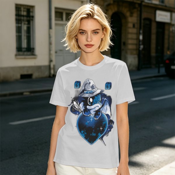 Olive T-Shirt With Cute Wizard Dragon On Starry Heart Print
