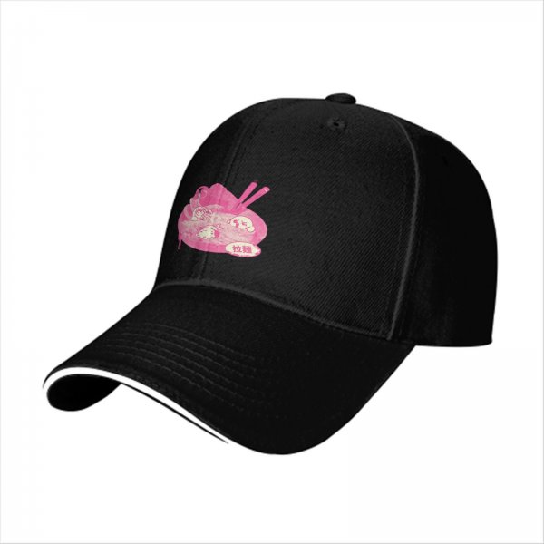 Black baseball cap with pink ramen bowl graphic design