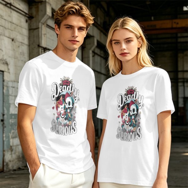 Olive graphic t-shirt with 'I Am Deadly Serious' and unicorn grim reaper art