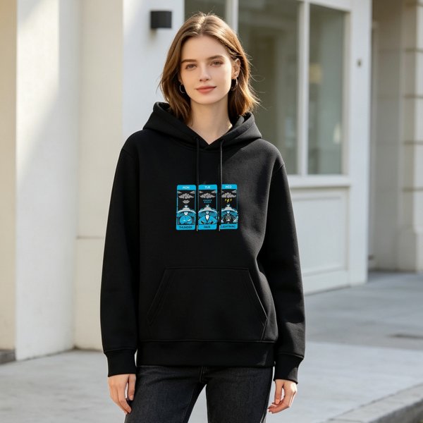 Black hoodie with three day weather tarot-style graphic print