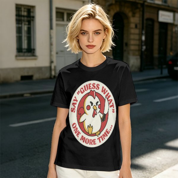 Olive t-shirt with angry chicken holding knife and funny text design