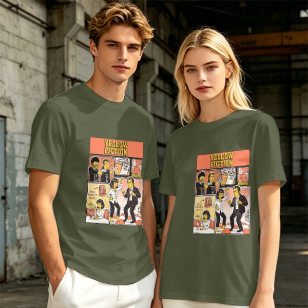 Olive green t-shirt with Yellow Fiction Simpson-style Pulp Fiction dance print