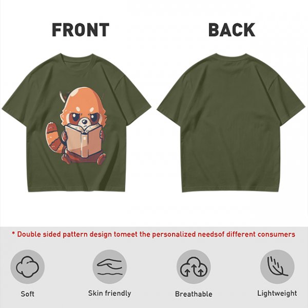 Olive T-Shirt with Cute Red Panda Reading Book Graphic