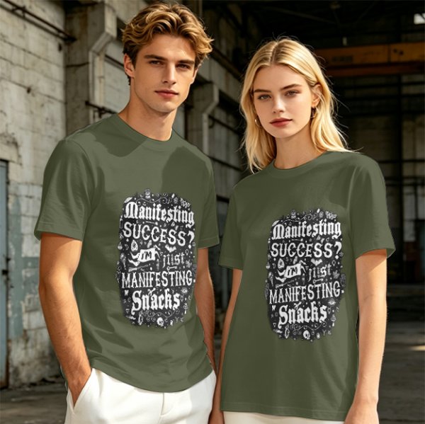 Olive T-Shirt With Funny Manifesting Snacks Success Quote Print