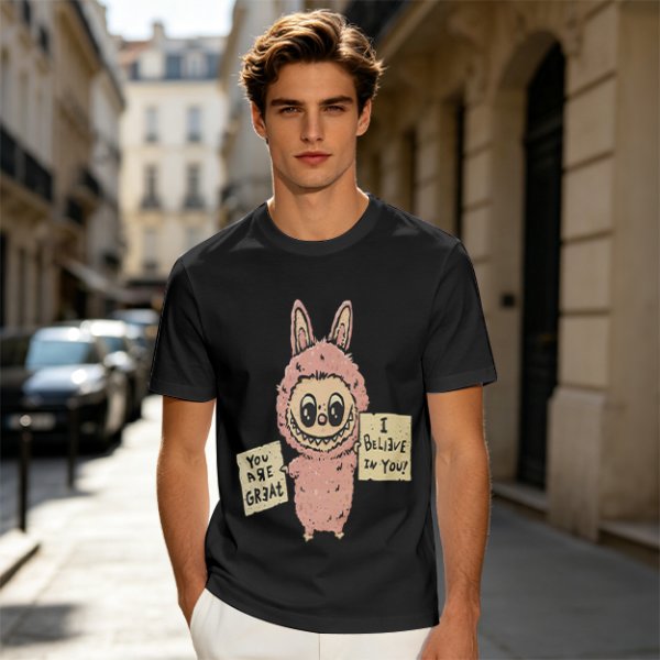 Olive T-shirt with a cute bunny monster holding You Are Great and I Believe In You signs