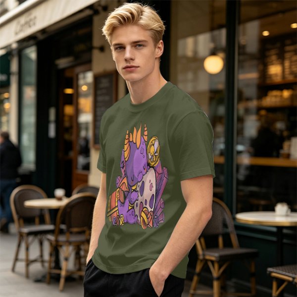 Olive T-Shirt with Cute Sleeping Purple Dragon and Treasure Artwork