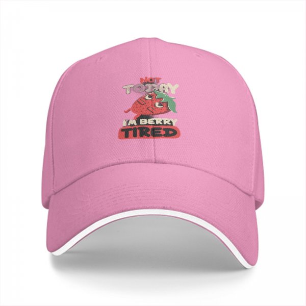 Black baseball cap with 'Not Today I'm Berry Tired' strawberry graphic