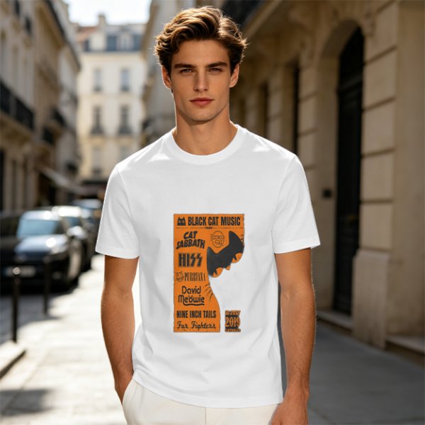Olive T-Shirt with Cat-Themed Rock Band Concert Poster Print