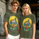 Olive T-Shirt with Trippy Mushroom House Graphic Design