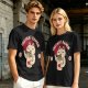 Olive green t-shirt with a cartoon cat eating instant ramen