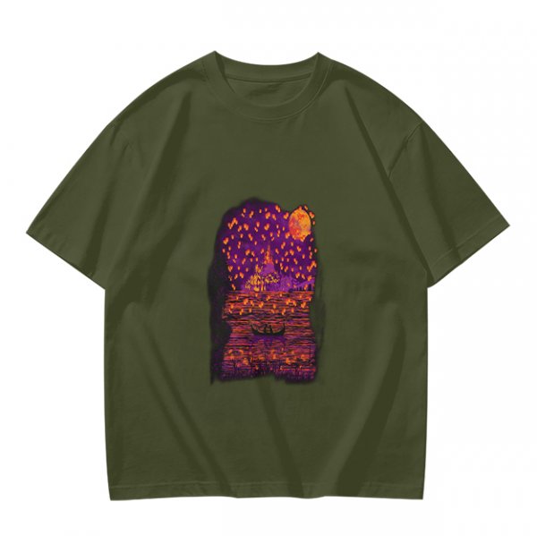 Olive T-Shirt with Purple Sunset Boat Scene Graphic