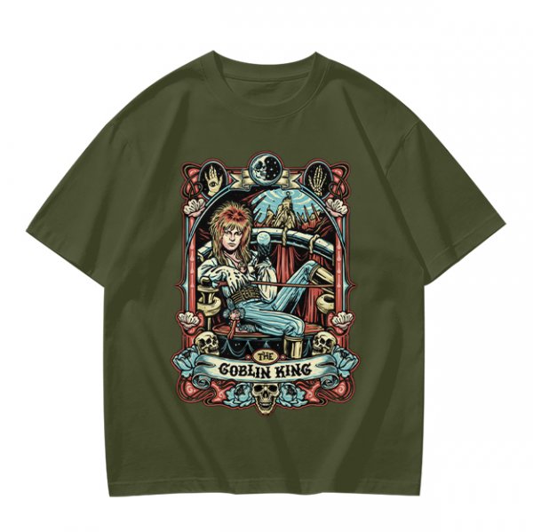 Olive green t-shirt featuring The Goblin King tarot-style artwork