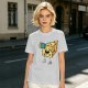 Olive T-shirt with a cartoon cheese taking a selfie and making a peace sign