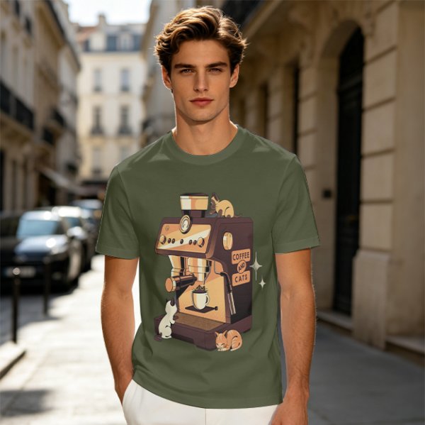 Olive t-shirt with espresso machine and cats graphic