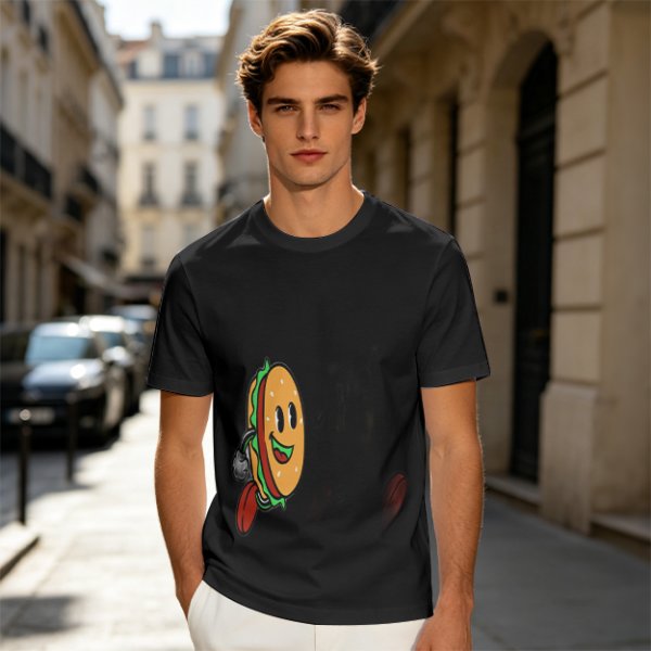 Olive T-Shirt With Cartoon Running Hamburger Character Print
