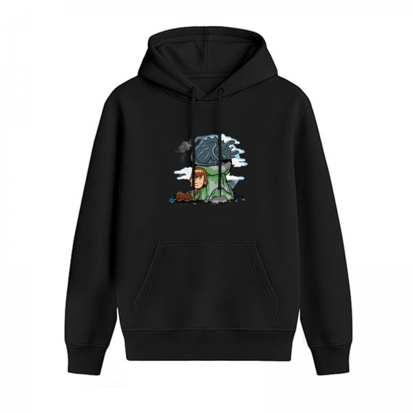 Black hoodie with How to Train Your Dragon Hiccup and Toothless graphic