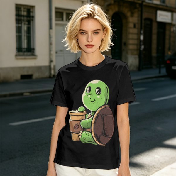 Olive Green T-Shirt With Cute Turtle Holding Coffee Cup Print