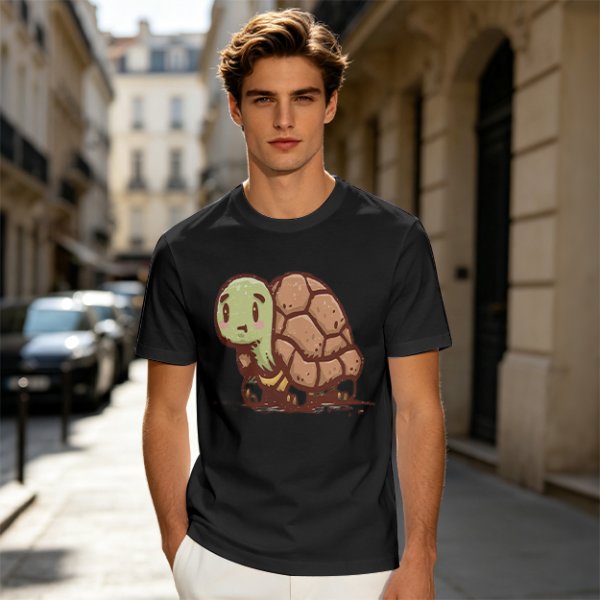 Olive Green T-Shirt With Cute Cartoon Turtle Graphic