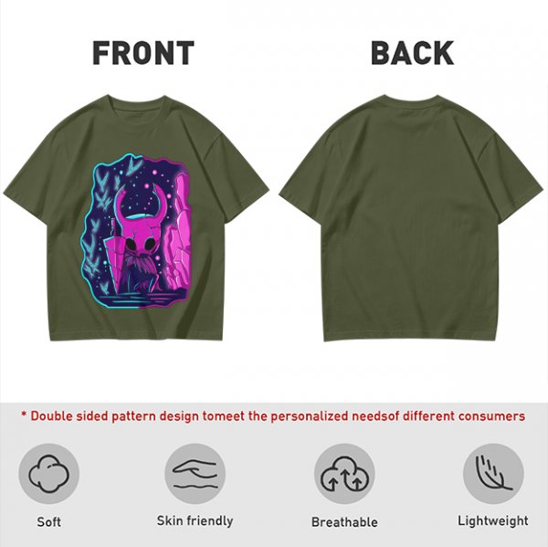 Olive Green T-Shirt With Neon Hollow Knight Character Art