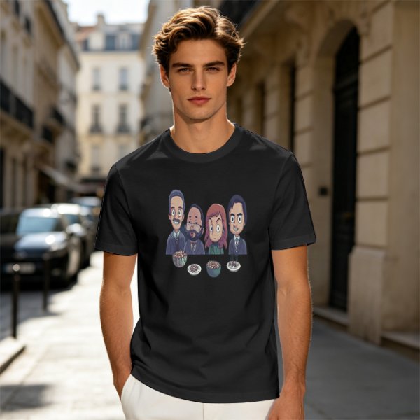 Olive T-shirt with Cartoon Group of Four People and Bowls Print