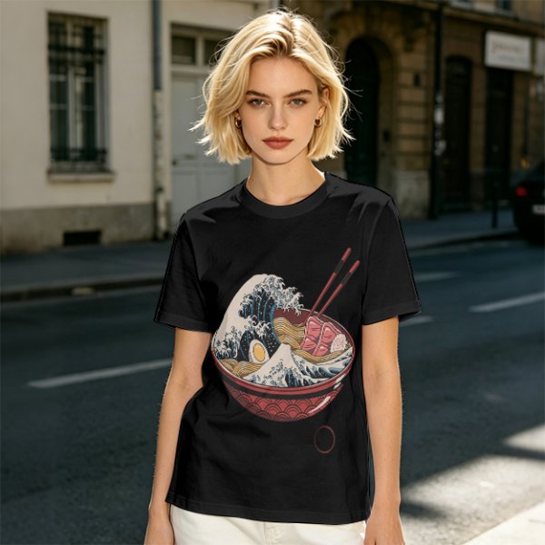 Olive T-Shirt Featuring The Great Wave Off Kanagawa Ramen Bowl Art