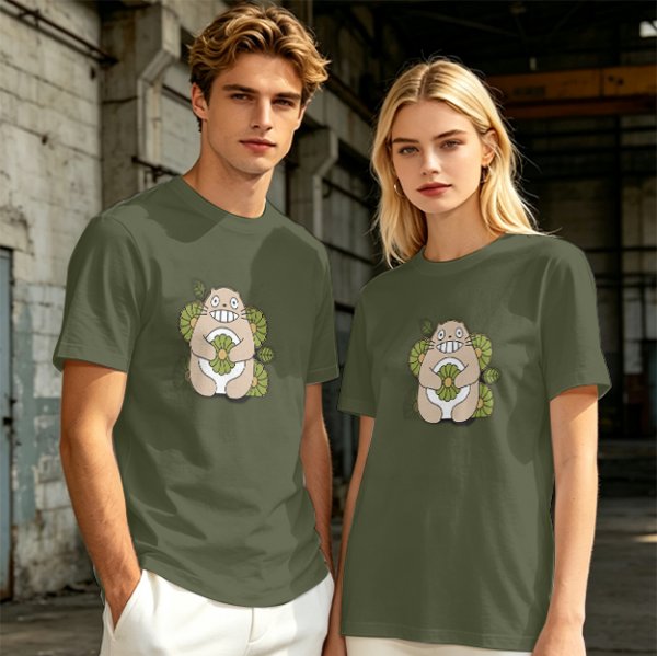 Olive Green T-Shirt With Cute Totoro And Leaf Print