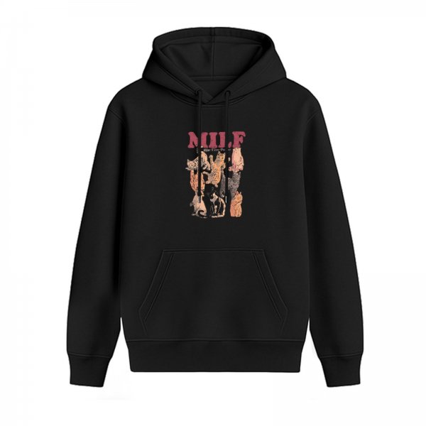 Black hoodie with cat graphic and 'MILF' text design