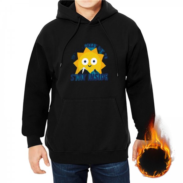 Black hoodie with cheerful sun graphic and 'stay inside' text