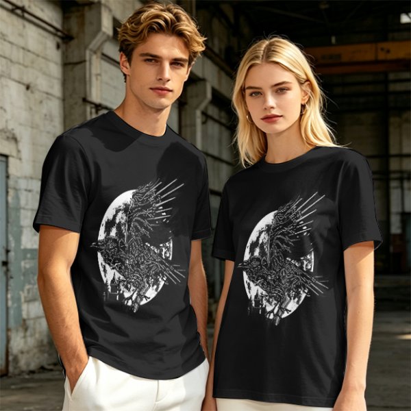 Olive Graphic T-Shirt with Mechanical Raven and Full Moon Print